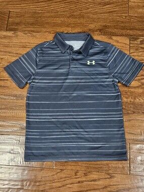 Under Armour Boy's Gray/Lt.Gray Striped Polo, Heatgear, Loose Fit - Size Y Large